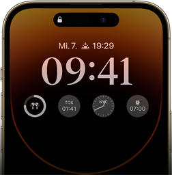 Die Vorderansicht des iPhone 14 Pro, die das Alwaysâ€‘On Display mit Uhrzeit, Datum, vier Widgets und mehr zeigt.
