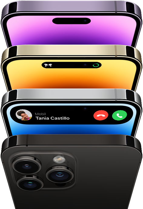 iPhone 14 Pro in vier verschiedenen Farben â€“ Space Schwarz, Blau, Gold und Dunkellila. Ein Modell zeigt die RÃ¼ckseite des Telefons und die anderen drei die Vorderseite mit dem Display.