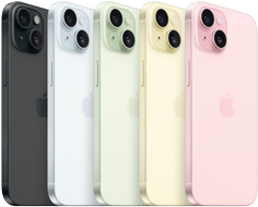 iPhone 15, Rückseite mit fortschrittlichem Kamera-System und durchgefärbtem Glas in allen Farben: Schwarz, Blau, Grün, Gelb, Pink.