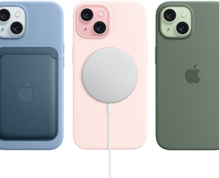 iPhone 15 und iPhone 15 Silikon Case mit MagSafe, Feingewebe Wallet mit MagSafe, MagSafe Ladegerät, Externe MagSafe Batterie.
