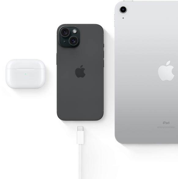 iPhone 15 mit USB-C Anschluss, derselbe Anschluss, den auch die AirPods Pro und das iPad nutzen können