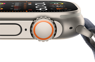 Apple Watch Ultra 2 mit robustem Titangehuse, flachem Display, Digital Crown und Seitentaste
