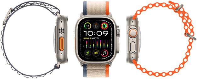 Apple Watch Ultra 2 mit drei verschiedenen Armbandarten, groem Display, robustem Titangehuse, Action Button in Orange und Digital Crown