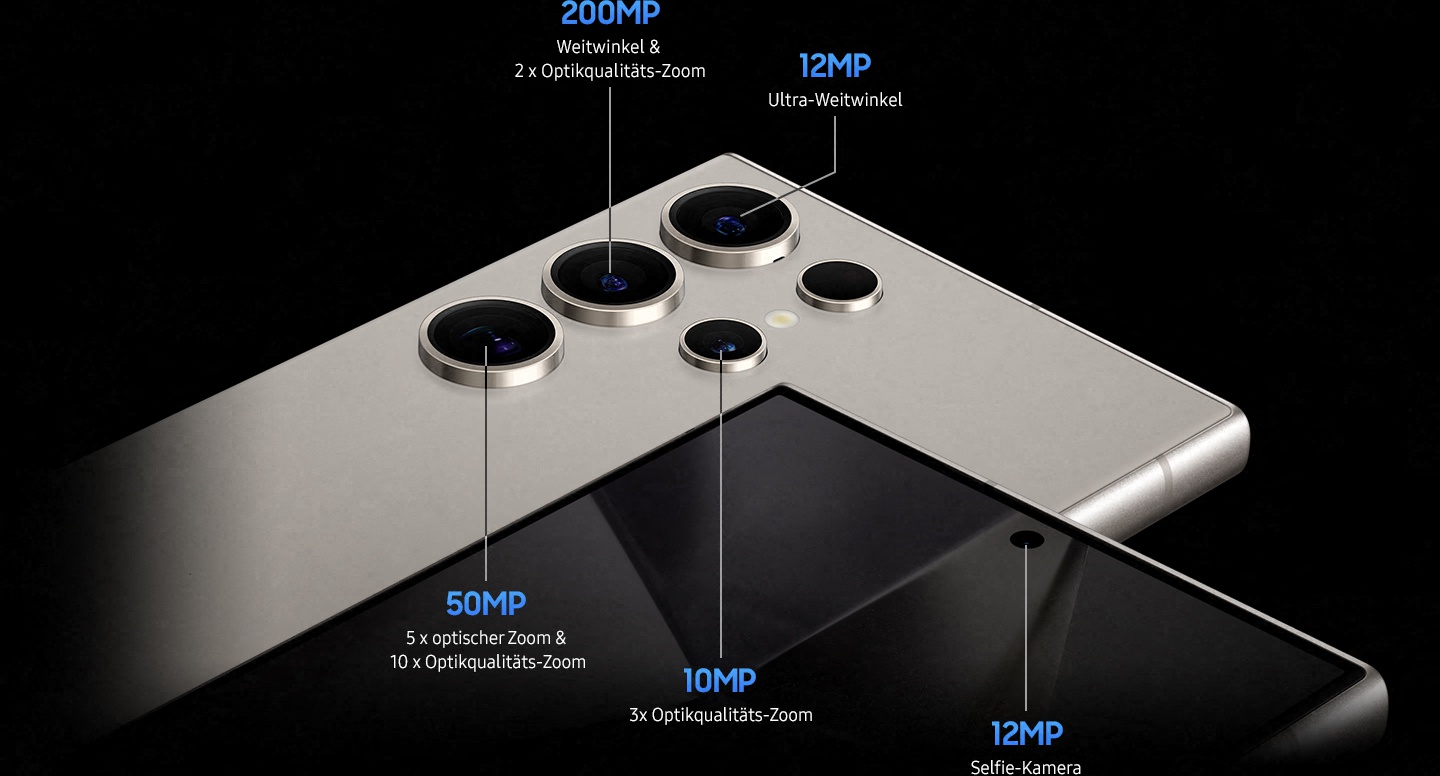 Das Diagramm veranschaulicht die Kamera-Anordnung des Galaxy S24 Ultra. Rckseitige Kameras: 200 MP Weitwinkel und 2 x Crop Zoom. 12 MP Ultra-Weitwinkel. 50 MP 5 x optischer Zoom und 10 x Crop Zoom. 10 MP 3 x optischer Zoom. Frontkamera: 12 MP Selfie-Kamera