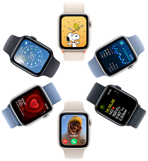 Draufsicht auf sechs Apple Watch SE Displays mit einem Snoopy Hintergrundbild, Schlaf App Einblicken, Trainingsapp Messwerten, einem eingehenden Anruf, Herzfrequenz und Wetter App.