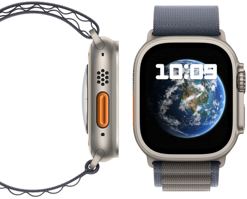 Vorder- und Seitenansicht der neuen CO? neutralen Apple Watch Ultra 2