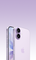 iPhone 17, Farbe Lavendel, Vorderseite, schrge Rckansicht, Dual Fusion Kamera-System oben links, Taste fr die Kamerasteuerung, Vorderseite mit All-Screen Design, Actiontaste, Lautstrketasten und Seitentaste