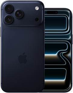 Nebeneinander: iPhone 17 Pro Max, Rckseite, Pro Kamera-System, 3 Objektive, Mikrofon, Blitz, Finish Tiefblau, iPhone 17 Pro, Vorderseite mit All-Screen Design, Finish Tiefblau