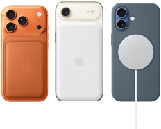 iPhone 17 Pro, Rckseite, Farbe Cosmic Orange, mit Silikon Case in der Farbe Siena und Feingewebe Wallet mit MagSafe in der Farbe Fuchsrot; iPhone Air, Rckseite, Farbe Wolkenwei, mit MagSafe Batterie; iPhone 17, Rckseite, Farbe Nebelblau, mit Silikon Case in Farbe Maritimblau und MagSafe Ladegert