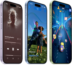 iPhone 17 Gerte, Vorderseite, Seitenansicht, zeigen Apple Music, Videowiedergabe, Gaming, Tasten: Actiontaste, Lautstrke