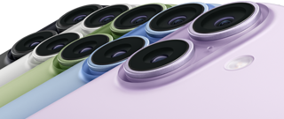 iPhone 17, Rckansicht, Dual Fusion Kamera-System, alle fnf Farben berlappend: Schwarz, Wei, Salbei, Nebelblau und Lavendel