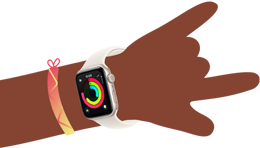 Cartoon-Illustration eines Kinderhandgelenks mit einer Apple Watch SE 3, die die Aktivittsapp zeigt