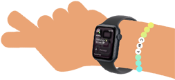 Cartoon-Illustration eines Kinderhandgelenks mit einer Apple Watch SE 3, die die Nachrichten App zeigt
