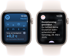 Zwei Apple Watch SE 3 Gerte mit Aluminiumgehusen in Polarstern zeigen die Vitalzeichen App
