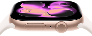Apple Watch Series 11, Aluminiumgehuse Rosgold, Flow Zifferblatt, rechte Seitenansicht: Digital Crown, Mikrofon, Seitentaste, Sportarmband Blassrosa