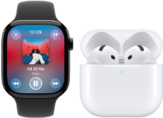 Apple Watch Series 11, Titangehuse Schiefer, Armband: Sportarmband Schwarz, Apple Music App geffnet, gekoppelt mit AirPods 4