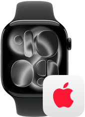 Apple Watch Series 11, Aluminiumgehuse Diamantschwarz, rechte Seitenansicht: Digital Crown, Sportarmband Schwarz, AppleCare+ Logo