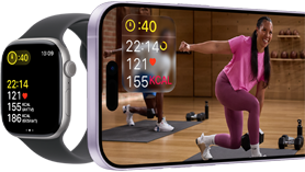 Apple Watch Series 11, Aluminiumgehuse Diamantschwarz, Trainingsdaten, Sportarmband in Nebelviolett, ein Workout Video wird auf gekoppeltem iPhone abgespielt