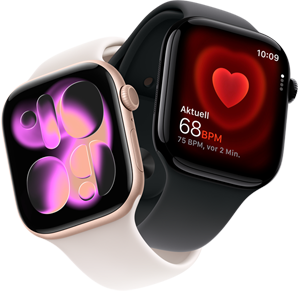 Apple Watch Series 11, Aluminium Rosgold, Flow Zifferblatt, rechte Seitenansicht: Digital Crown, Mikrofon, Seitentaste, Sportarmband Blassrosa, Apple Watch Series 11, Aluminium Diamantschwarz, Herzfrequenz App, aktuelle Herzfrequenz, rechte Seitenansicht: Digital Crown, Sportarmband Schwarz