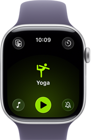 Apple Watch Series 11, Aluminiumgehuse Silber, Yogatraining geffnet, rechte Seitenansicht: Digital Crown, Sportarmband in Nebelviolett
