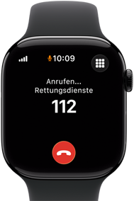 Apple Watch Series 11, Aluminiumgehuse Diamantschwarz, ein Notruf auf dem Display, rechte Seitenansicht: Digital Crown, Sportarmband Schwarz