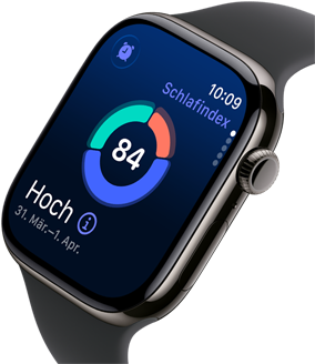 Nahaufnahme der Apple Watch Series 11 mit einem Titangehuse Schiefer, auf dem Display wird der Schlafindex angezeigt