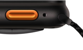 Apple Watch Ultra 3, Farbe Schwarz, Titangehuse, konvexer Sensor auf der Rckseite, linke Seitenansicht, Lautsprecher/Lftungsffnung, Actiontaste, Mikrofon