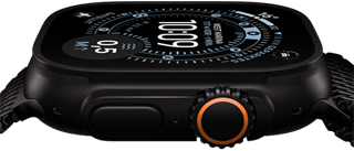 Apple Watch Ultra 3, Seitenansicht, Titangehuse Schwarz, Kompass auf dem Orientierung Zifferblatt, Seitentaste und Digital Crown