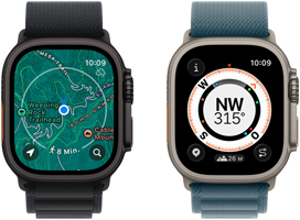Zwei Apple Watch Ultra 3 Gerte, eines zeigt Karten und das andere Backtrack Funktionen, darunter Kompass, Hhenmeter und markierte Wegpunkte