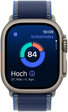 Apple Watch Ultra 3, Titangehuse Natur, Display mit Schlafindex, Aufteilung als Kreisdiagramm, Indexwert in der Mitte, Armband, Trail Loop Blau