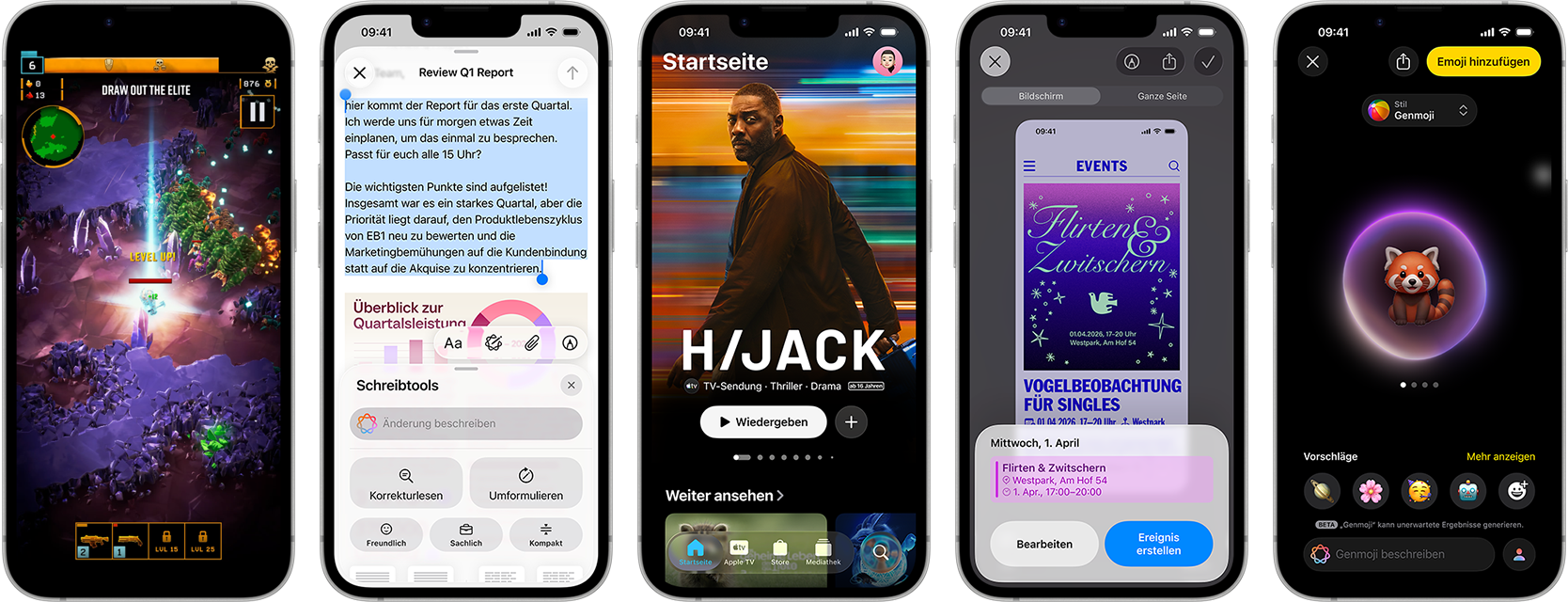 Nebeneinander angeordnete iPhone 17e Ger�te mit unterschiedlichen Displays: ein Spiel wird gespielt, Schreibtools, Apple TV App, ein Kalenderereignis wird erstellt, ein Genmoji wird erstellt