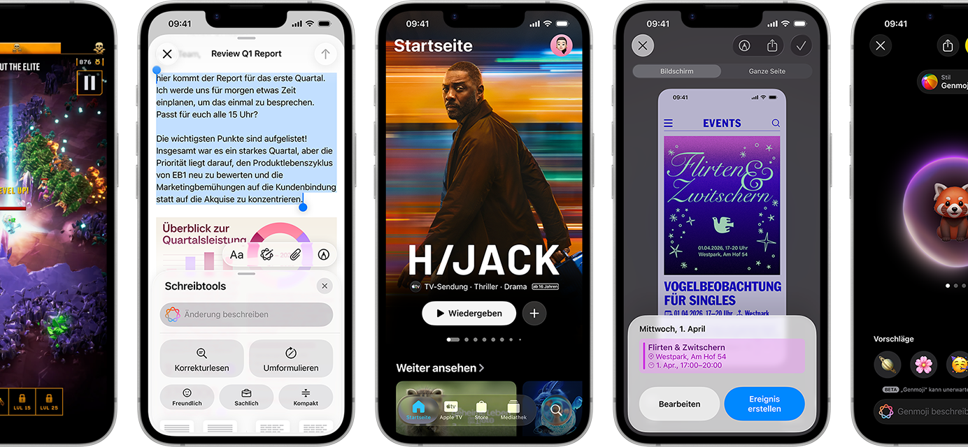 Nebeneinander angeordnete iPhone 17e Ger�te mit unterschiedlichen Displays: ein Spiel wird gespielt, Schreibtools, Apple TV App, ein Kalenderereignis wird erstellt, ein Genmoji wird erstellt
