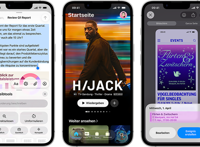 Nebeneinander angeordnete iPhone 17e Ger�te mit unterschiedlichen Displays: ein Spiel wird gespielt, Schreibtools, Apple TV App, ein Kalenderereignis wird erstellt, ein Genmoji wird erstellt