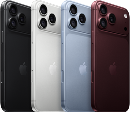 iPhone 18 Pro Ger�te in einer Reihe, R�ckseite, alle vier Farben: Burgunder, Polar, Silber, Schwarz, Pro Fusion Kamera-System oben links, 3 Objektive, Mikrofon, Blitz