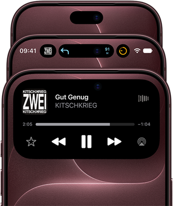 Drei iPhone 18 Pro Modelle in Burgunder, aufgefächert, um die Dynamic Island in verschiedenen Modi zu zeigen: deaktiviert, minimiert, maximiert