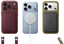 iPhone 18 Pro, R�ckseite, Farbe Burgunder, Feingewebe Wallet mit MagSafe in Burgunder; iPhone 18 Pro, R�ckseite, Farbe Polar, mit MagSafe Batterie; iPhone 18 Pro, R�ckseite, Farbe Silber, mit Silikon Case in Gr�n und MagSafe Ladeger�t