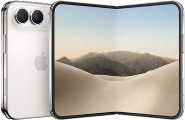 iPhone Duo, Rückseite geschlossen, Farbe Sternenweiß, Dual Fusion Kamera-System oben links, Apple Logo in der Mitte. Geöffnetes inneres Display, All-Screen Design, gerundete Ecken