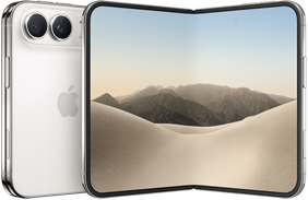 iPhone Duo, Rückseite geschlossen, Farbe Sternenweiß, Dual Fusion Kamera-System oben links, Apple Logo in der Mitte. Geöffnetes inneres Display, All-Screen Design, gerundete Ecken