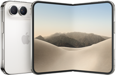 iPhone Duo, R�ckseite geschlossen, Farbe Sternenwei�, Dual Fusion Kamera-System oben links, Apple Logo in der Mitte. Ge�ffnetes inneres Display, All-Screen Design, gerundete Ecken