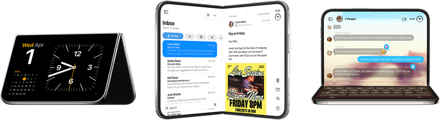 iPhone Duo in verschiedenen Positionen: umgedreht im offenen Querformat, in einem leichten Winkel geöffnet, äußeres Display, All-Screen Design. Leicht geöffnet wie ein Buch und aufgestellt. Querformat geöffnet, in rechtem Winkel geöffnet, inneres Display, All-Screen Design