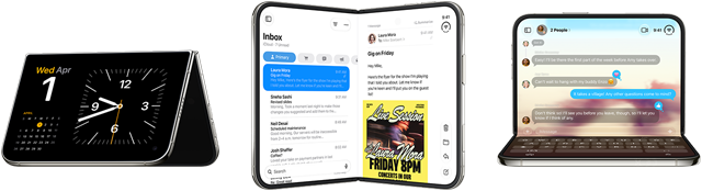 iPhone Duo in verschiedenen Positionen: umgedreht im offenen Querformat, in einem leichten Winkel geöffnet, äußeres Display, All-Screen Design. Leicht geöffnet wie ein Buch und aufgestellt. Querformat geöffnet, in rechtem Winkel geöffnet, inneres Display, All-Screen Design