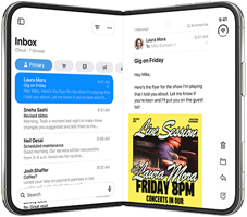 iPhone Duo in verschiedenen Positionen: umgedreht im offenen Querformat, in einem leichten Winkel ge�ffnet, �u�eres Display, All-Screen Design. Leicht ge�ffnet wie ein Buch und aufgestellt. Querformat ge�ffnet, in rechtem Winkel ge�ffnet, inneres Display, All-Screen Design