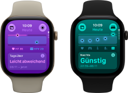 Zwei Apple Watch Series 12 Geräte: Aluminiumgehäuse, Farbe Lichtgold, Tageswerte für Vitalzeichen leicht abweichend, Digital Crown, Sportarmband Sand, Aluminiumgehäuse, Farbe Schwarz, im Schlaf erfasste Vitalwerte günstig, Digital Crown, Sportarmband Schwarz
