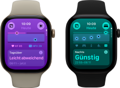 Zwei Apple Watch Series 12 Ger�te: Aluminiumgeh�use, Farbe Lichtgold, Tageswerte f�r Vitalzeichen leicht abweichend, Digital Crown, Sportarmband Sand, Aluminiumgeh�use, Farbe Schwarz, im Schlaf erfasste Vitalwerte g�nstig, Digital Crown, Sportarmband Schwarz