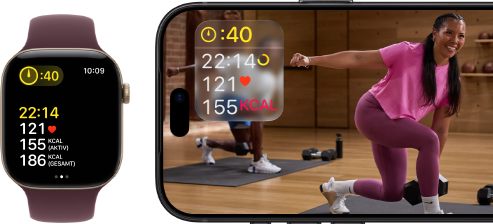 Apple Watch neben einem iPhone mit Apple Fitness+ Kurs auf dem Display
