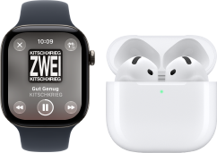 Apple Watch Series 12, Aluminiumgeh�use, Farbe Schwarz, Sportarmband in Schwarz, Apple Music App ge�ffnet, gekoppelt mit AirPods 4
