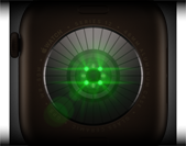 Rückseite der Apple Watch Series 12, Aluminiumgehäuse, Farbe Dunkelbronze, mehrere runde Sensoren mit grün leuchtenden LEDs, linke Seitenansicht, Digital Crown, Sportarmband, Farbe Oliv