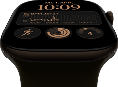 Apple Watch Series 12, Aluminiumgehäuse, Farbe Dunkelbronze, Modular Zifferblatt, Komplikationen: Tag und Datum, Trainings, Aktivitätsringe, Apple Music, rechte Seitenansicht, Digital Crown, Sportarmband, Farbe Oliv