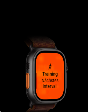 Apple Watch Ultra 4, Titangeh�use, Farbe Schwarz, Lauftraining, n�chstes Intervall, linke Seitenansicht, Actiontaste in Orange, Alpine Loop Armband