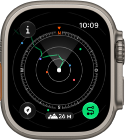 Apple Watch Ultra 4, Titangehäuse, Farbe Natur, Backtrack zeigt Route mit Kompass Wegbeschreibungen, rechte Seitenansicht, Digital Crown, erhöhte Seitentaste